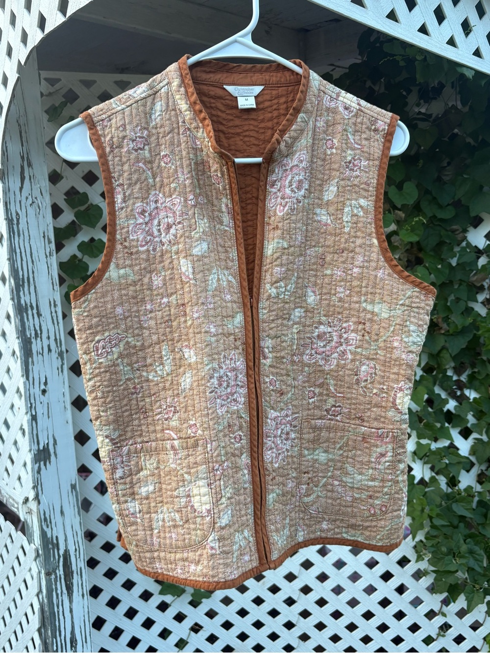 Christopher & Banks Quilted Floral Vest - Rust and Cream Tones